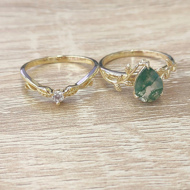 Sterling Silver with Rose Gold Plated Teardrop/Pear-shaped Moss Agate Ivy & Drop Shape Wedding Ring-3
