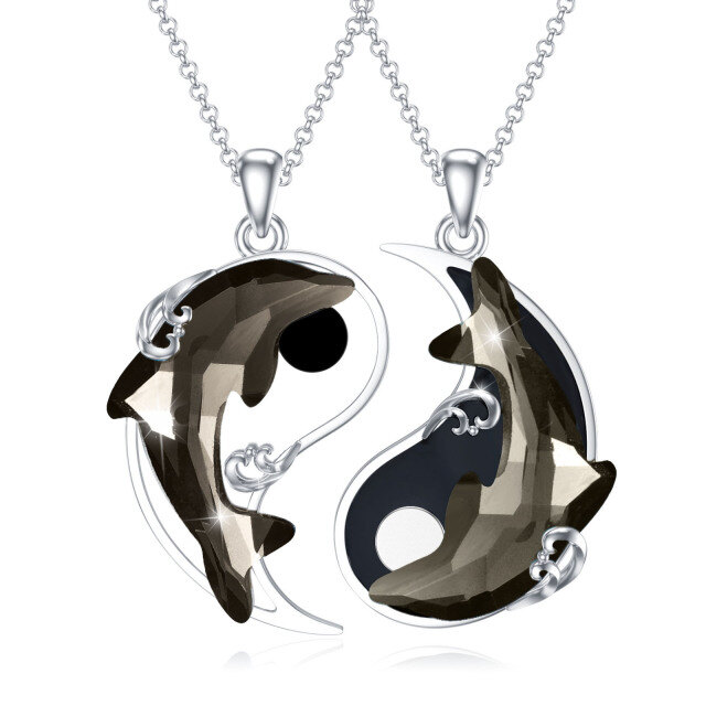 Golfinho cristal yin yang casal 925 prata branco ouro colar jóias presente para mulheres homens-0