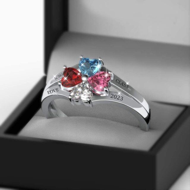 Sterling Silver Heart Shaped Cubic Zirconia Personalized Engraving & Birthstone Ring-3