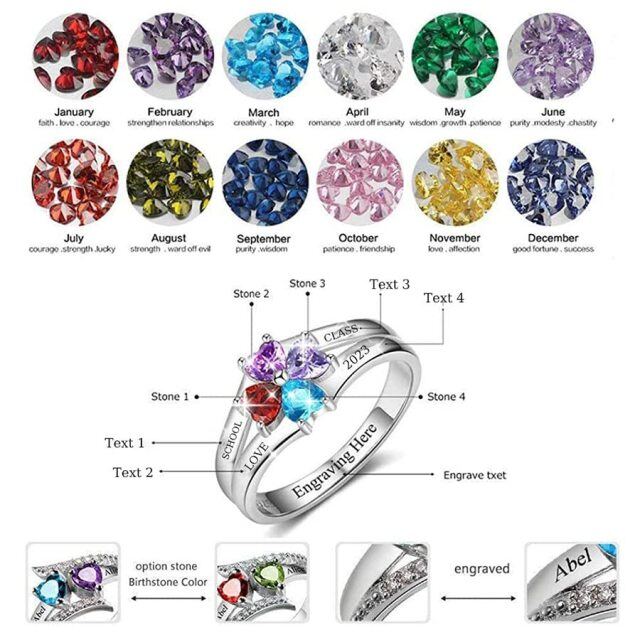 Sterling Silver Heart Shaped Cubic Zirconia Personalized Engraving & Birthstone Ring-4