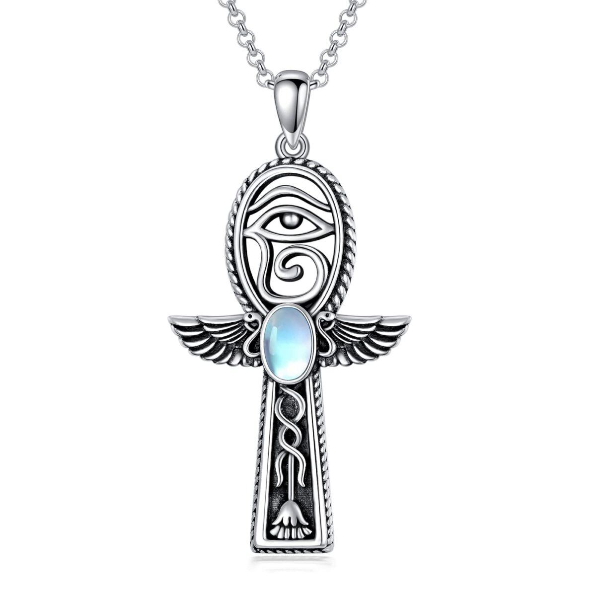 Sterling Silver Oval Moonstone Ankh & Eye Of Horus Pendant Necklace-1