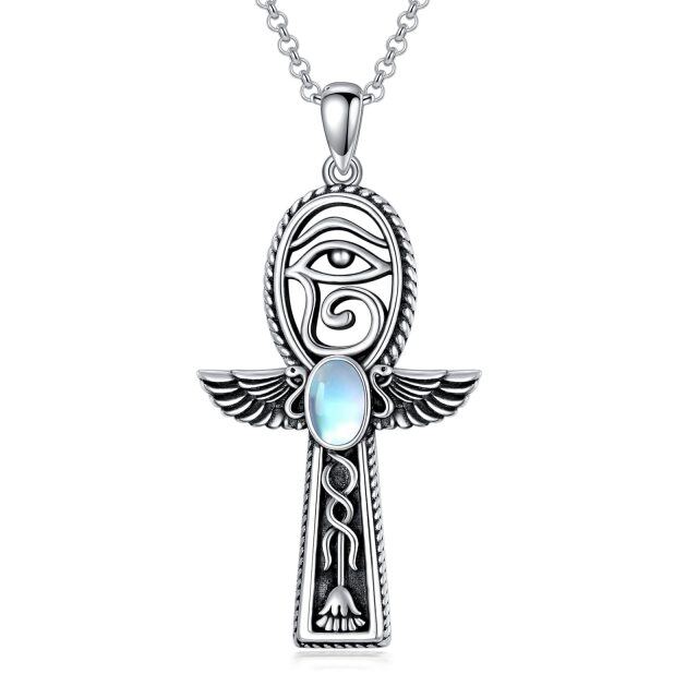 Sterling Silver Oval Moonstone Ankh & Eye Of Horus Pendant Necklace-4