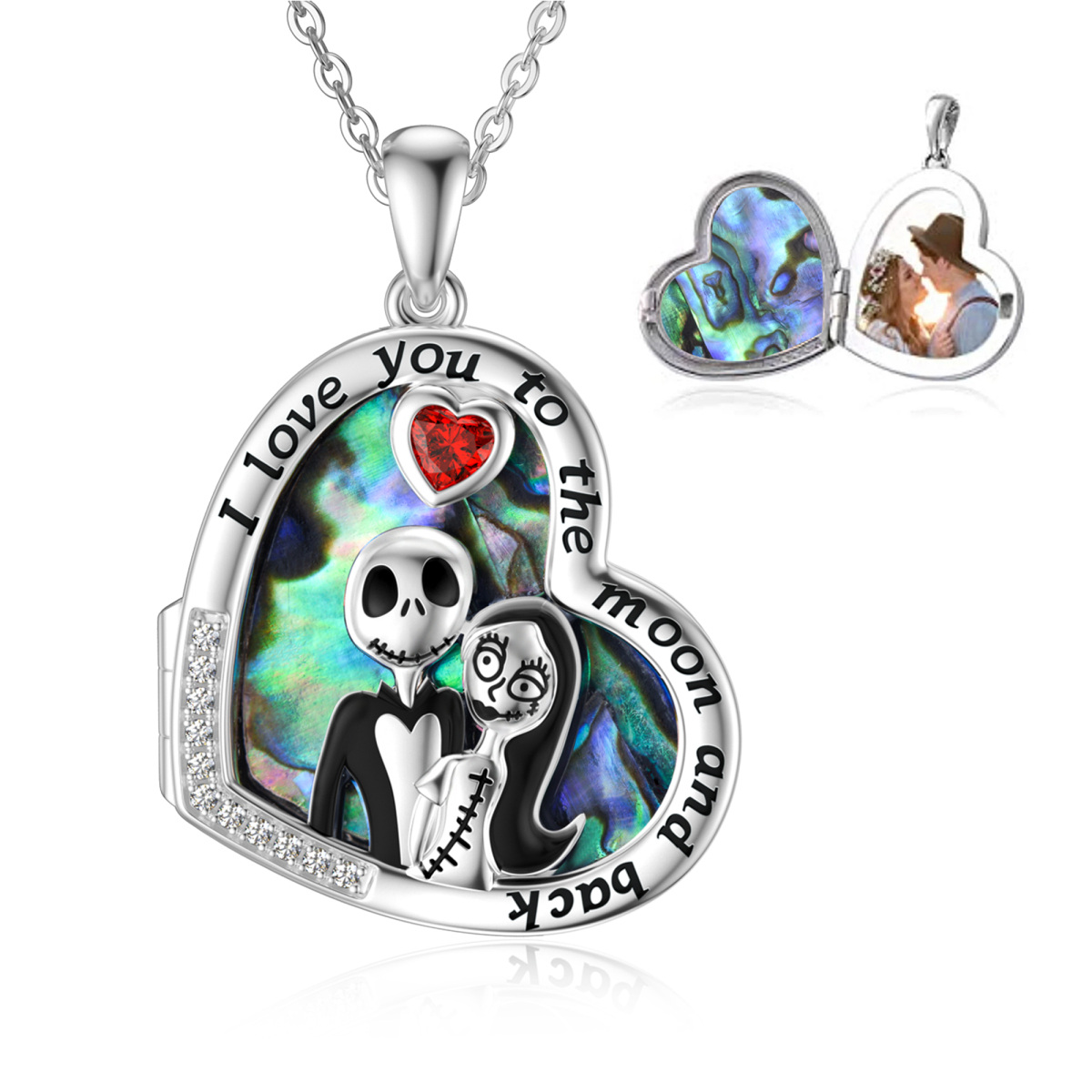 Sterling Silver Heart Abalone Shellfish Skull Personalized Photo Locket Necklace with Engraved Word-1