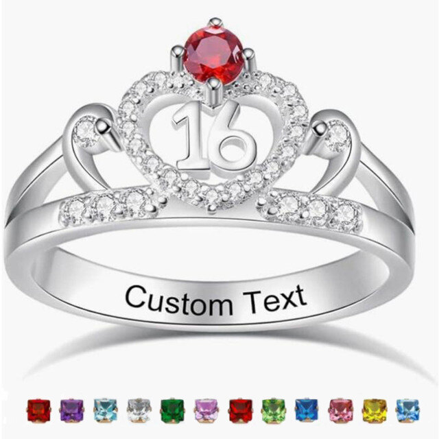 10K White Gold Cubic Zirconia Personalized Birthstone & Personalized Engraving & Crown Ring-1