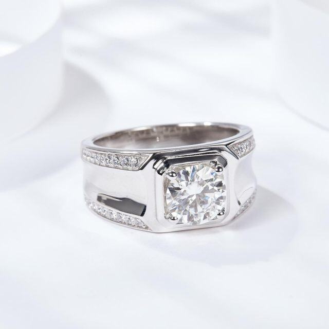 10K White Gold Princess-square Shaped Moissanite Personalized Engraving & Couple Engagement Ring for Men-4