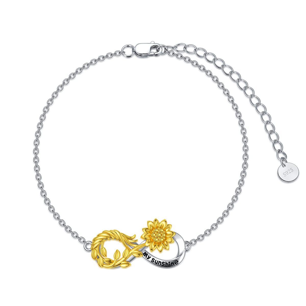 Sterling Silver Two-tone Sunflower & Infinity Symbol Pendant Bracelet-1