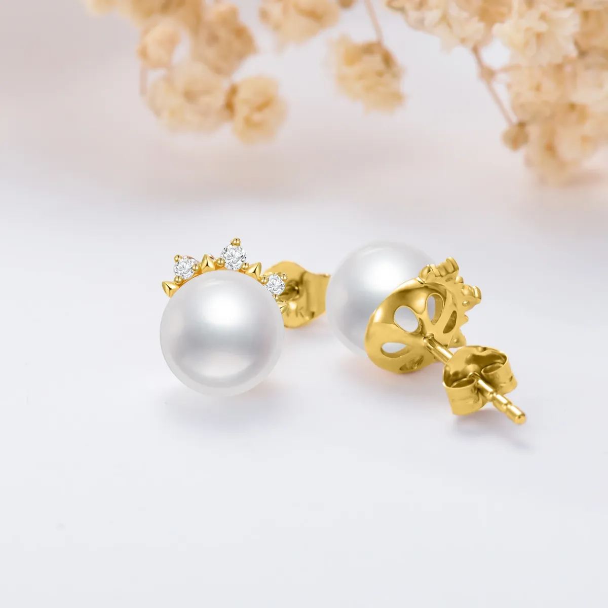 Pendientes Esféricos de Oro 10K con Diamantes y Perlas-4