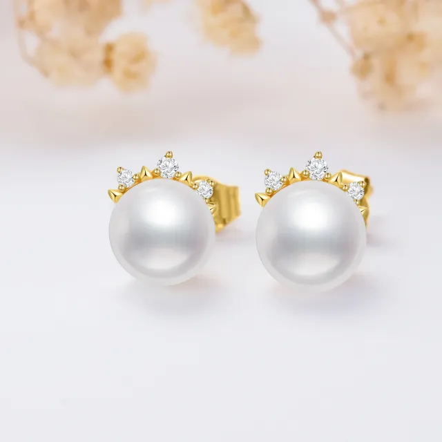 10K Gold Diamond & Pearl Spherical Stud Earrings-2