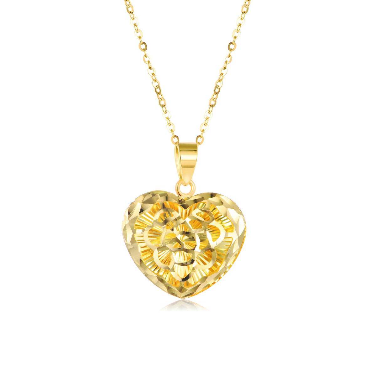 18K Gold Diamond Cut Heart Filigree Pendant Necklace-1
