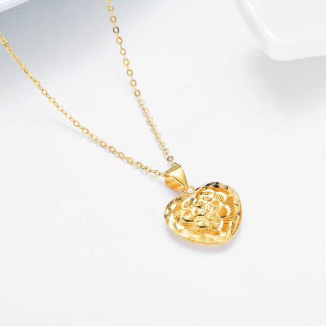 18K Gold Diamond Cut Heart Filigree Pendant Necklace-2