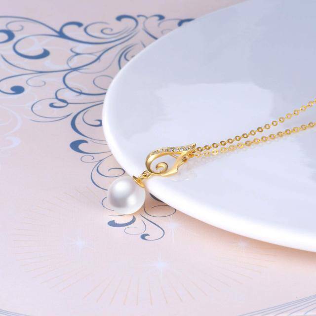 14K Gold Circular Shaped Pearl Angel Wing Pendant Necklace-2