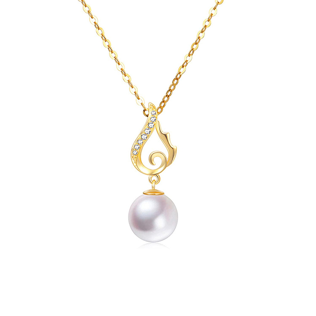Collar de oro de 14 quilates con forma circular de perla colgante de ala de ángel-1