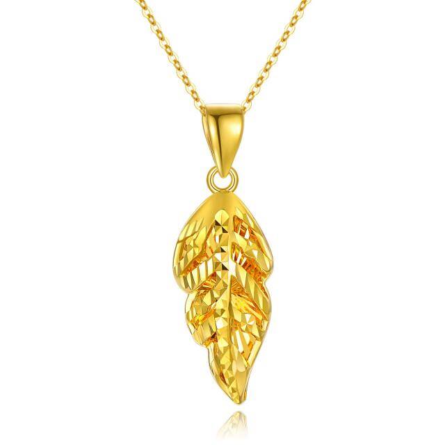 18K Gold Leaves & Feather Pendant Necklace-0