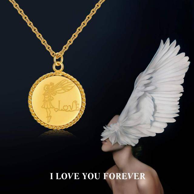 Colar de moeda de ouro 18k para mulheres com asa de anjo gravada e amor-2