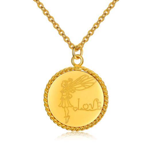 18K Gold Angel Wing & Fairy Coin Pendant Necklace with Engraved Word