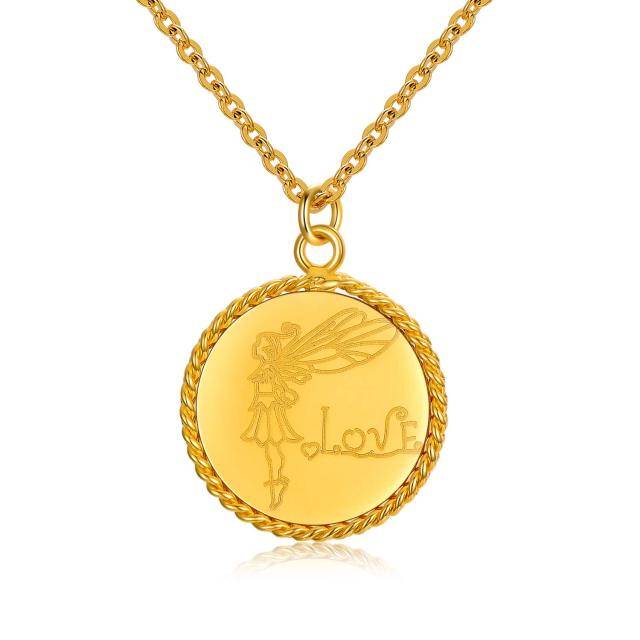 Colar de moeda de ouro 18k para mulheres com asa de anjo gravada e amor-0