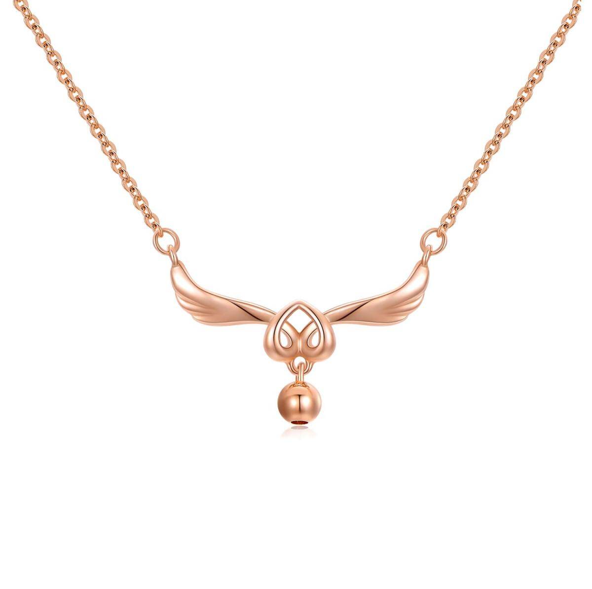 Collier en or rose 18K avec aile d'ange et pendentif en forme de coeur-1