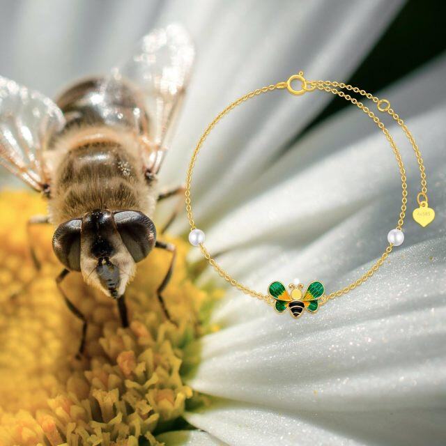 Tobillera de oro de 10 quilates con perlas circulares en forma de abeja de una sola capa-2