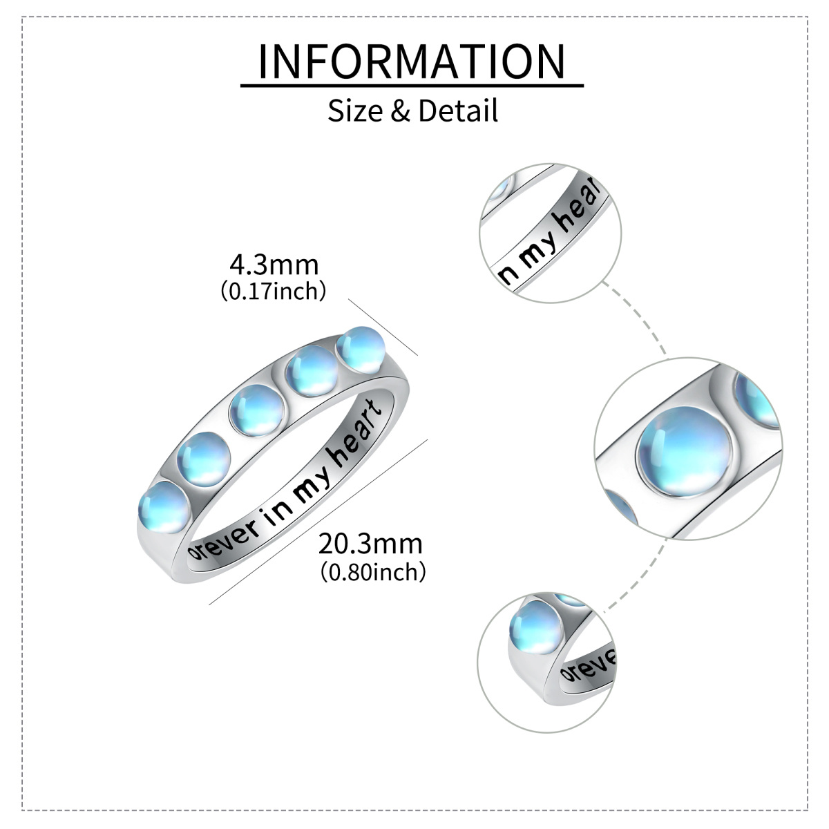 Sterling Silber kreisförmig Mondstein rund/sphärisch Ring mit eingraviertem Wort-5