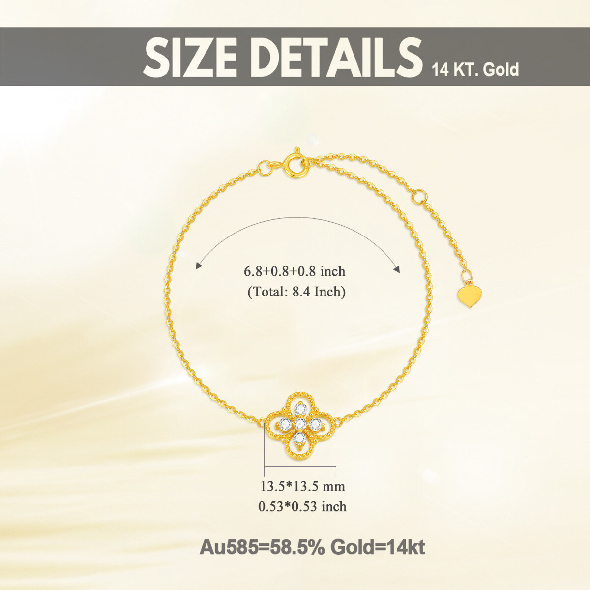 14K Gold Circular Shaped Moissanite Four-leaf Clover Pendant Bracelet-6