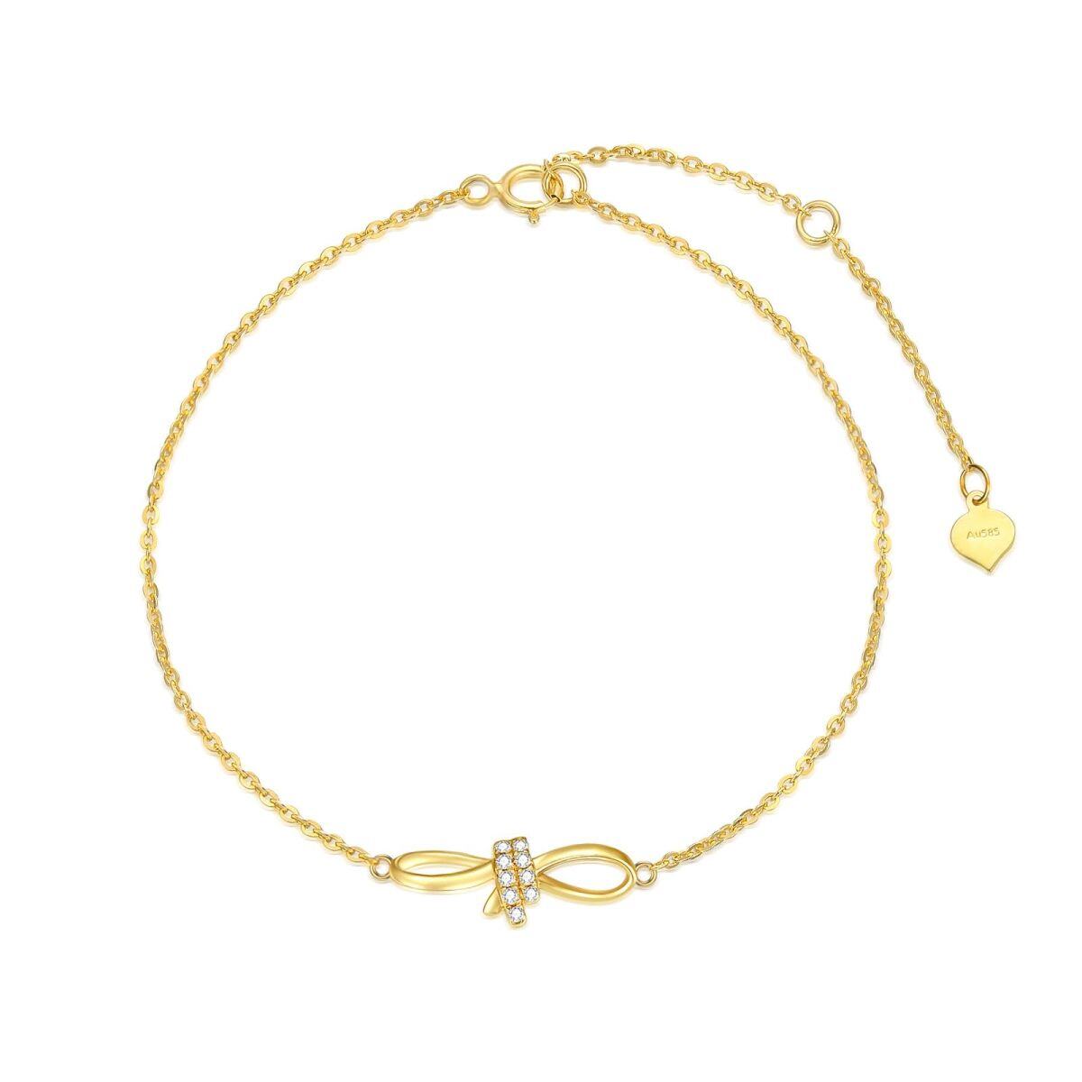 14K Gold Diamond Bow & Heart Pendant Bracelet-1
