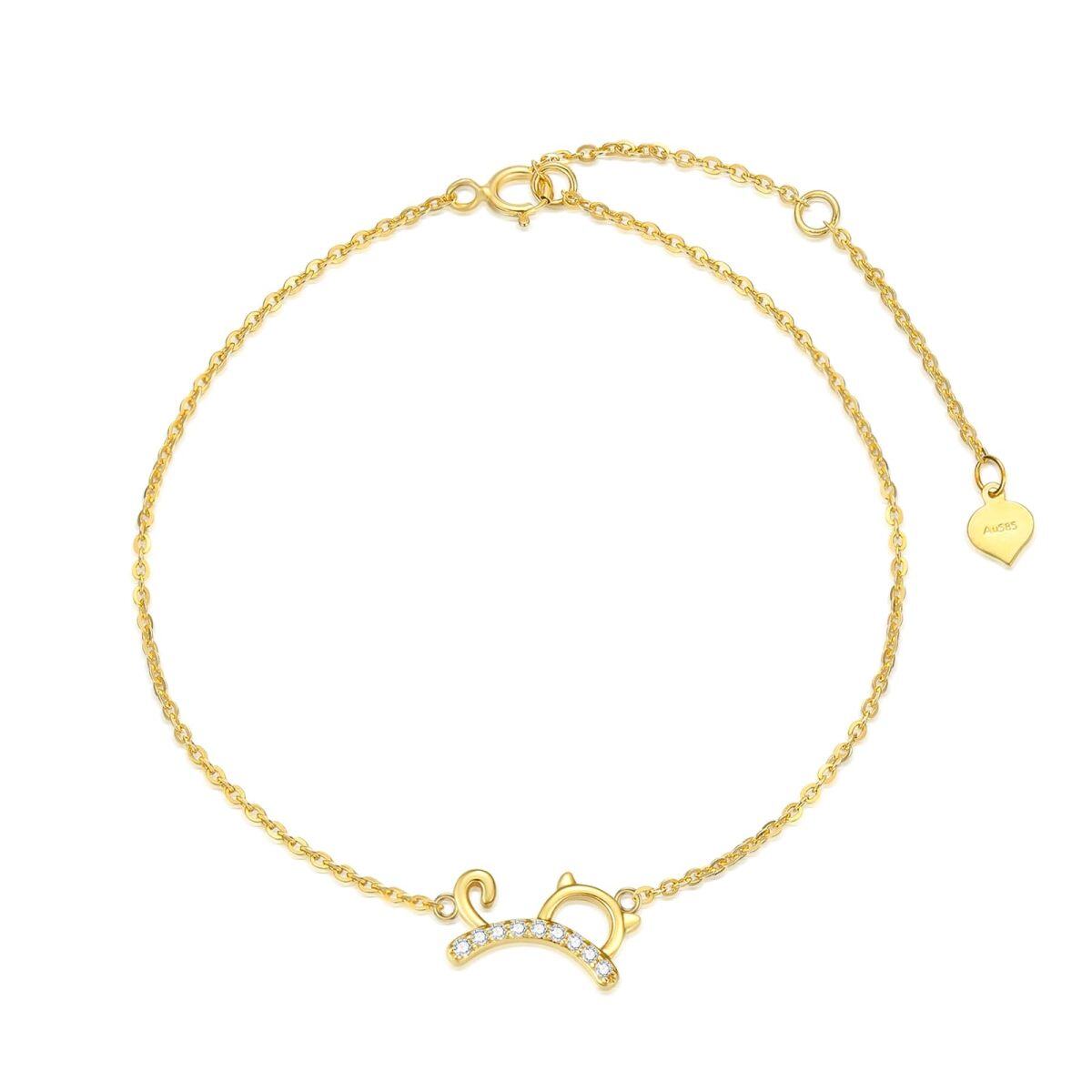 Bracelet en or 14K avec pendentif chat en forme de cercle et diamant-1