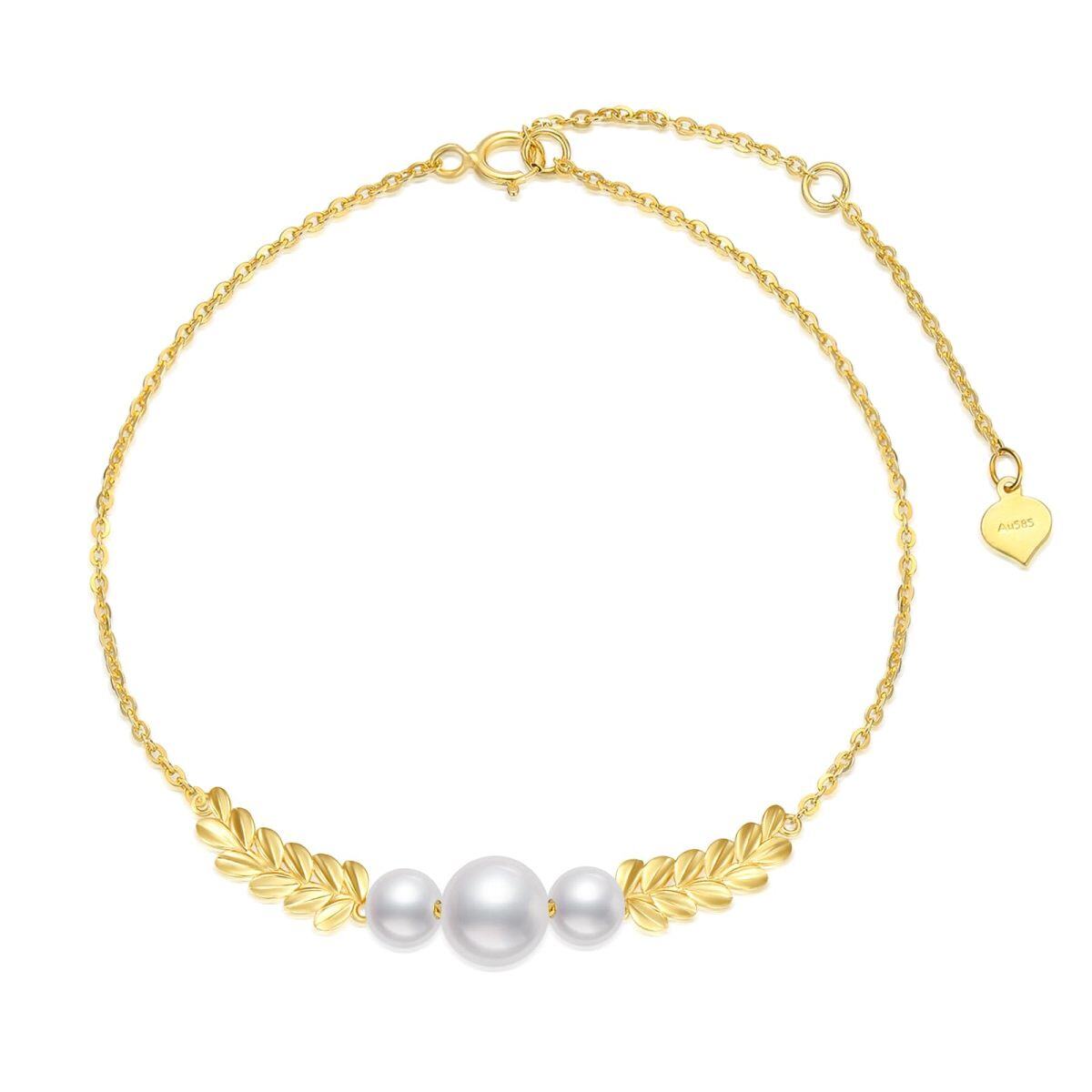 Bracelet en or 14K avec pendentif feuilles en diamant et perle-1