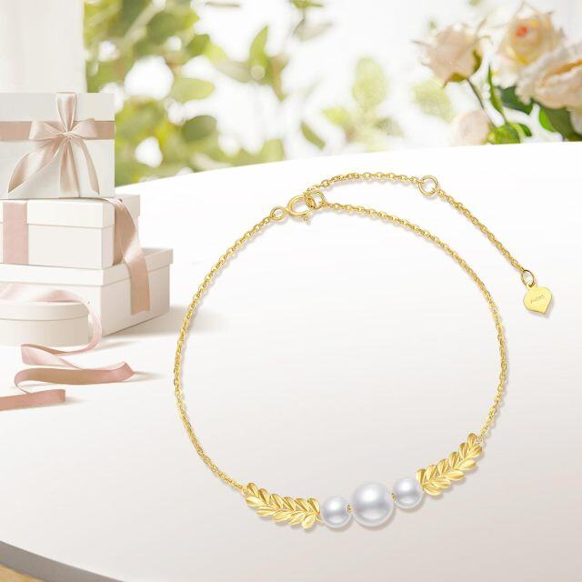 14K Gold Diamond & Pearl Leaves Pendant Bracelet-2