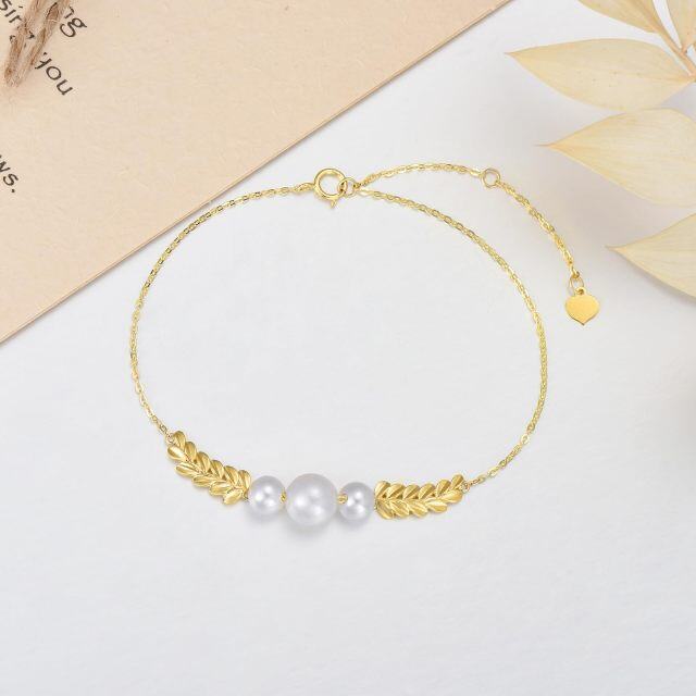 14K Gold Diamond & Pearl Leaves Pendant Bracelet-4