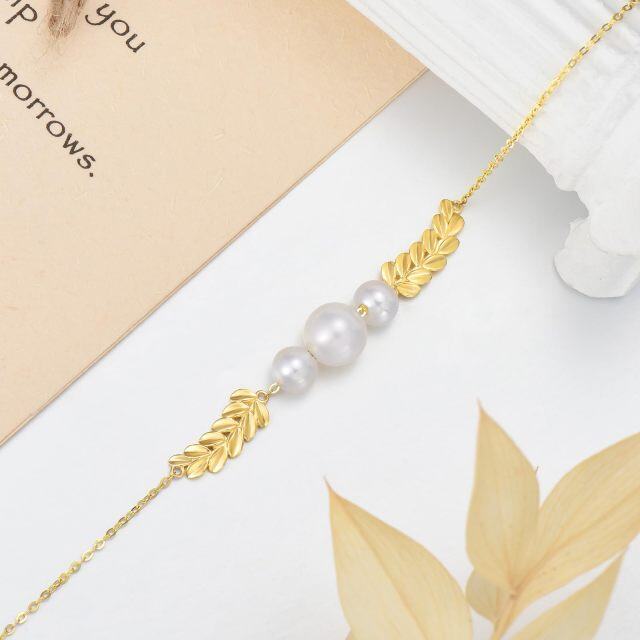 Bracelet en or 14K avec pendentif feuilles en diamant et perle-3