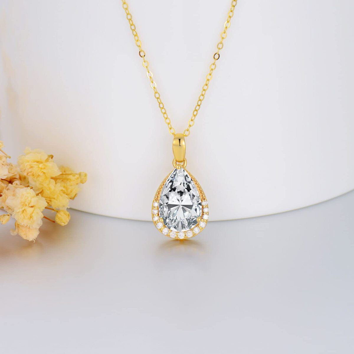 14K Gold Pear Shaped Cubic Zirconia & Diamond Drop Shape Pendant Necklace-3