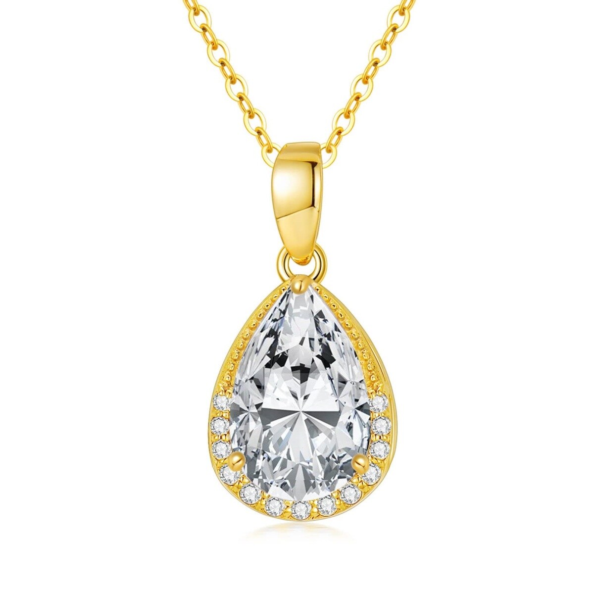 14K Gold Pear Shaped Cubic Zirconia & Diamond Drop Shape Pendant Necklace-1