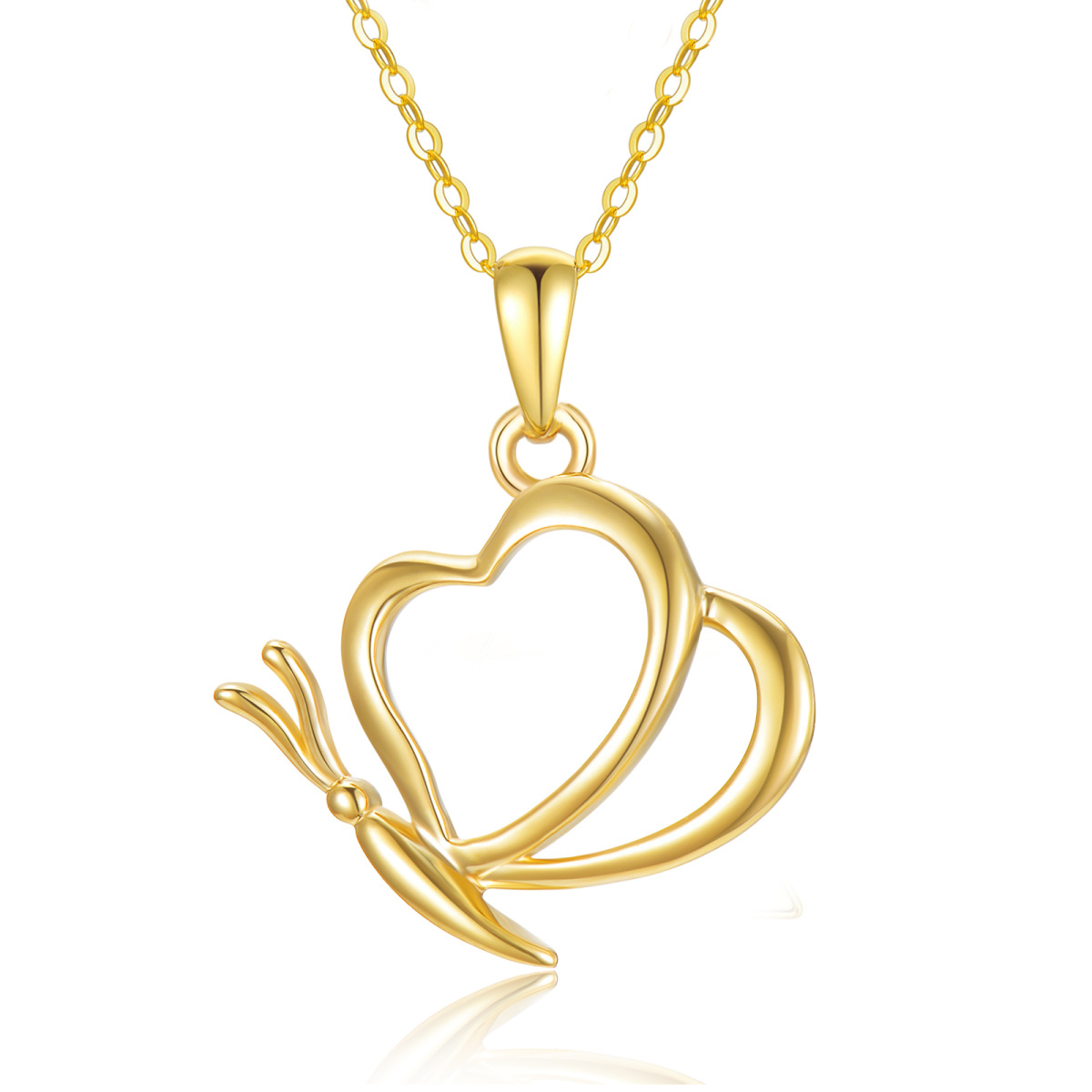 Collier avec pendentif papillon et coeur en or 14K-1