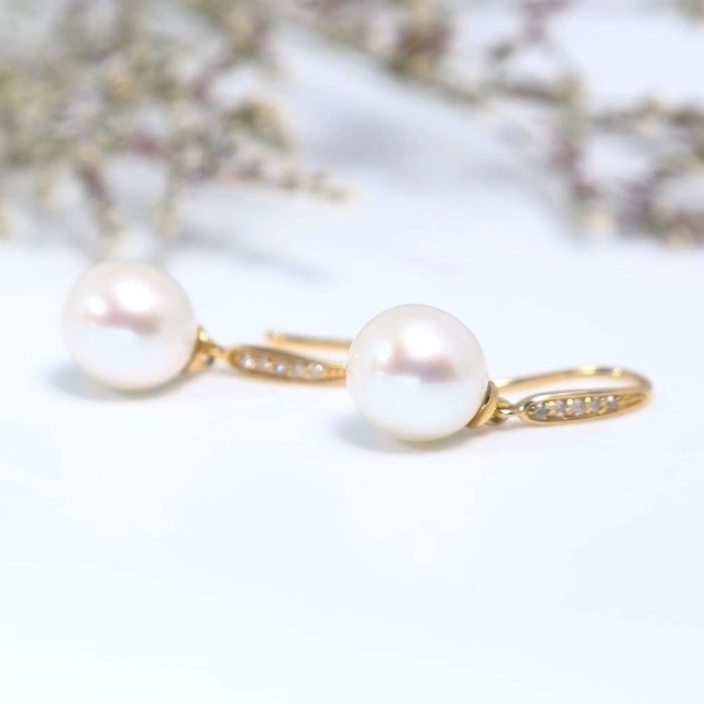 10K Gold Diamond & Pearl Bead Drop Earrings-3
