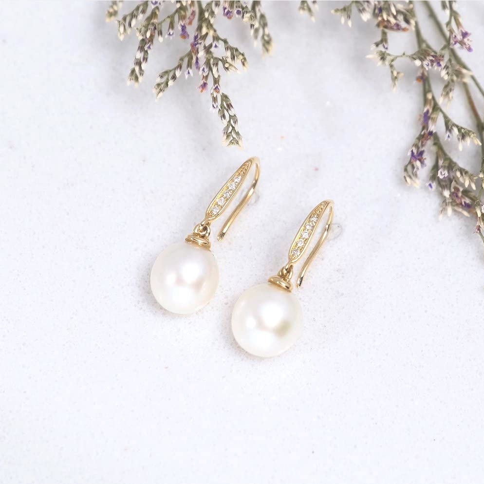 10K Gold Diamond & Pearl Bead Drop Earrings-5