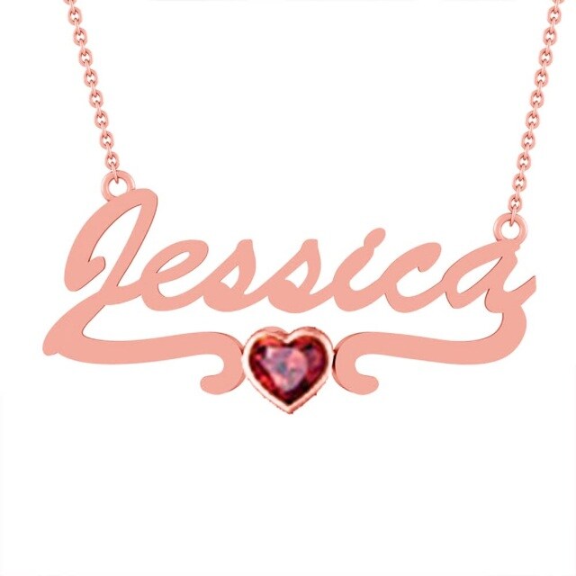 Collar con colgante para nombre clásico personalizado con piedra natal personalizada y circonita en forma de corazón de oro rosa de 10 quilates-0