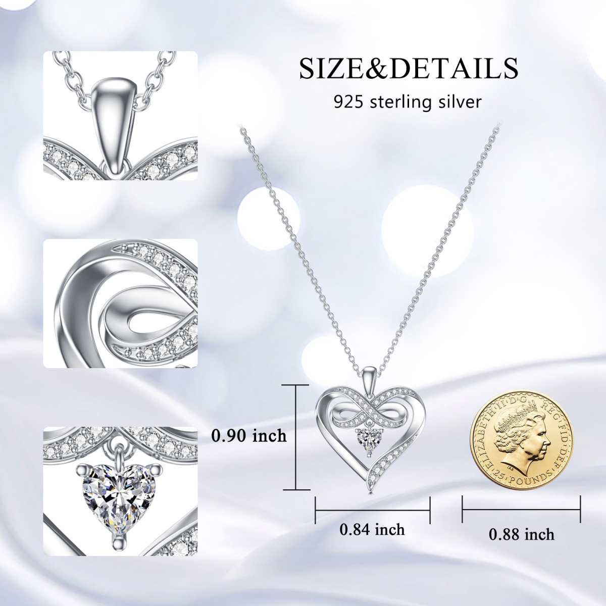 Collar colgante de plata de ley con forma de corazón y circonita cúbica y símbolo del infi-5