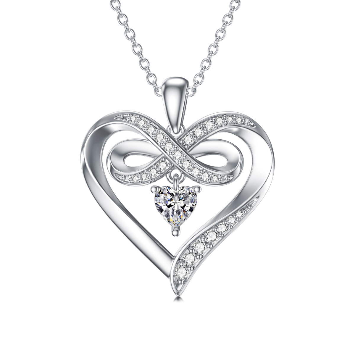 Sterling Silver Heart Shaped Cubic Zirconia Heart & Infinity Symbol Pendant Necklace-1