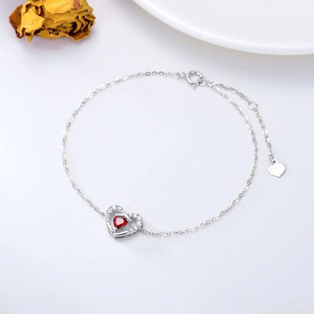 14k White Gold Diamond Heart Anklet for Women with Red Cubic Zirconia-3