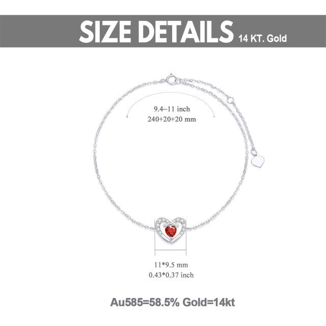 14k White Gold Diamond Heart Anklet for Women with Red Cubic Zirconia-4