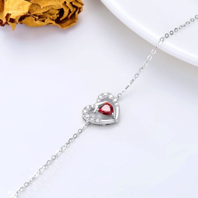 14k White Gold Diamond Heart Anklet for Women with Red Cubic Zirconia-2