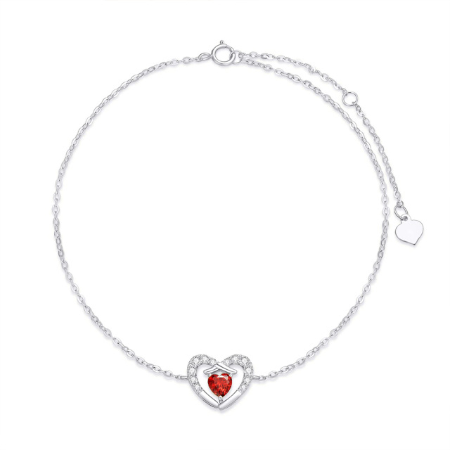 14k White Gold Diamond Heart Anklet for Women with Red Cubic Zirconia-0