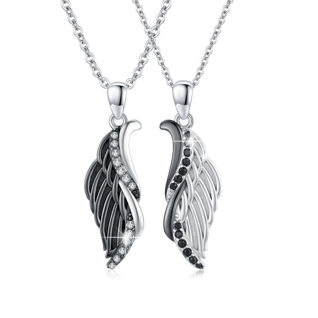 Sterling Silver Two-tone Circular Shaped Cubic Zirconia Couple & Angel Wing Pendant Necklace-0