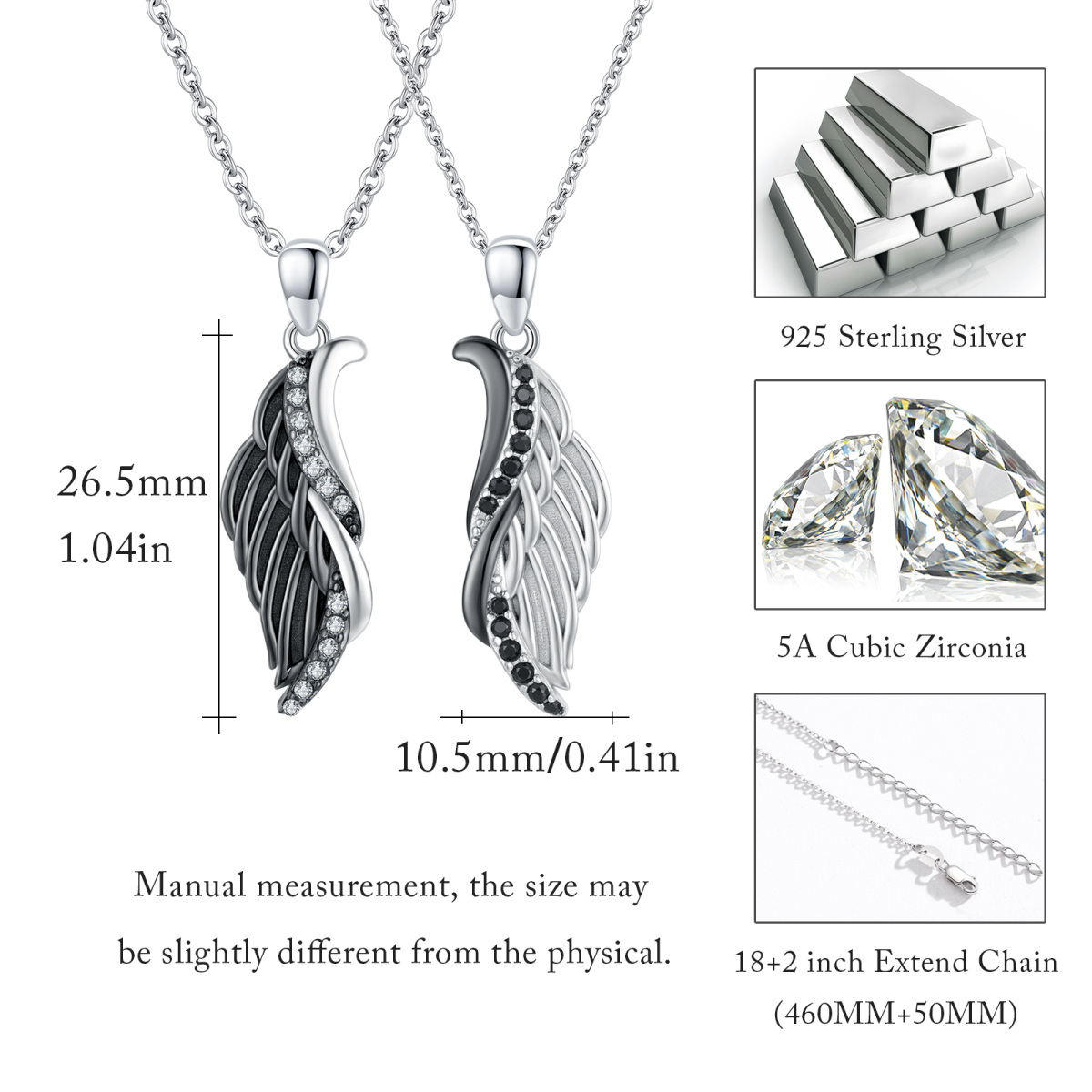 Sterling Silver Two-tone Circular Shaped Cubic Zirconia Couple & Angel Wing Pendant Necklace-3