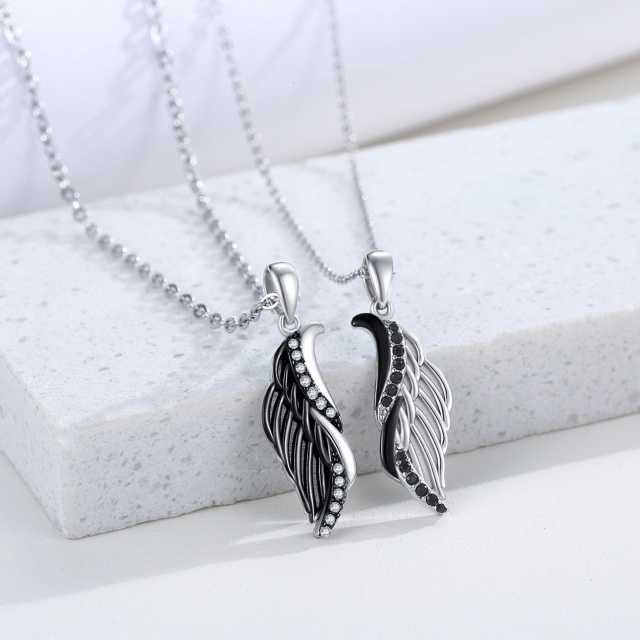 Sterling Silver Two-tone Circular Shaped Cubic Zirconia Couple & Angel Wing Pendant Necklace-1