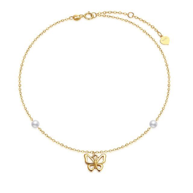 10K Gold Circular Shaped Pearl Butterfly Pendant Bracelet-0
