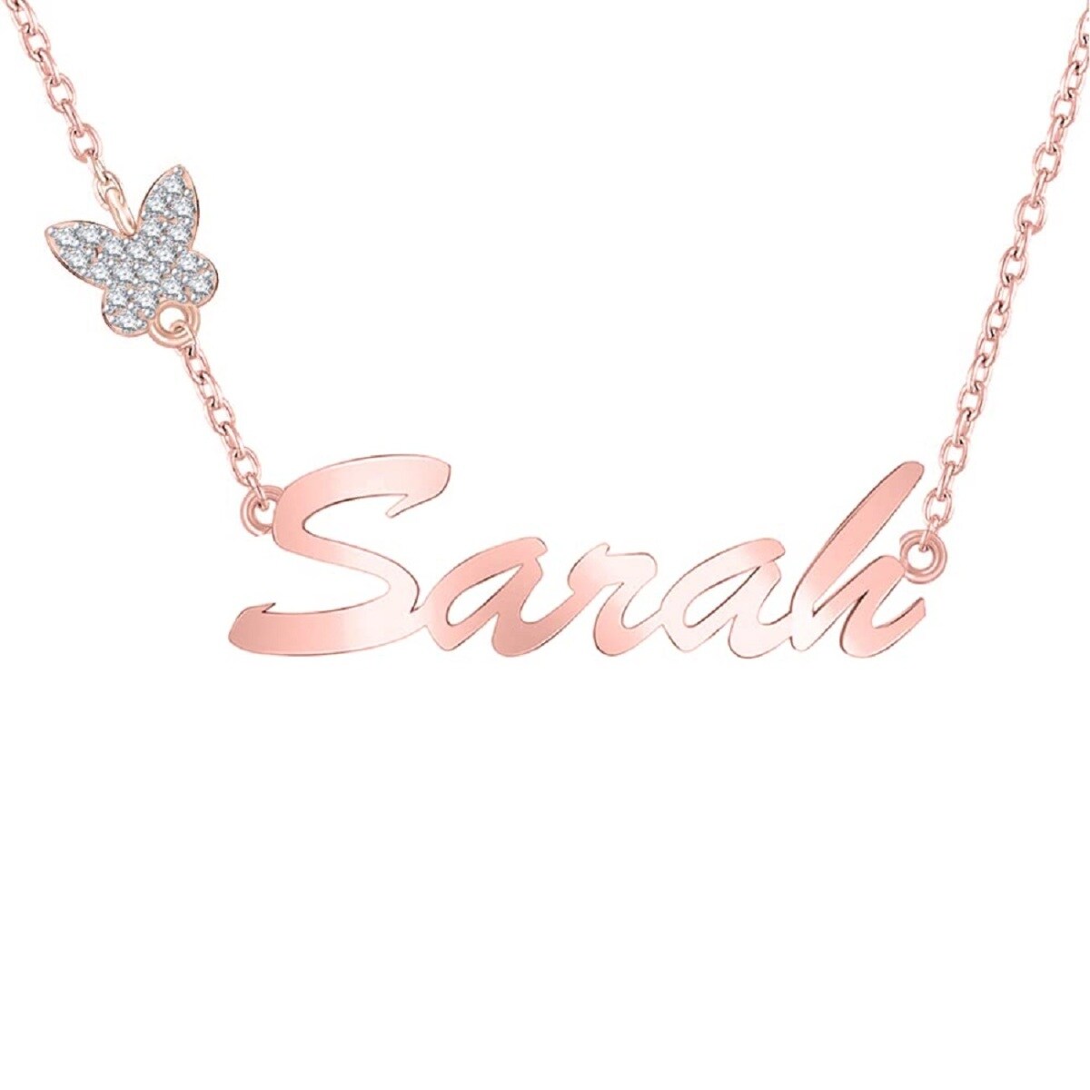 Collier papillon en or rose 10K avec zircon et nom classique personnalisé-1