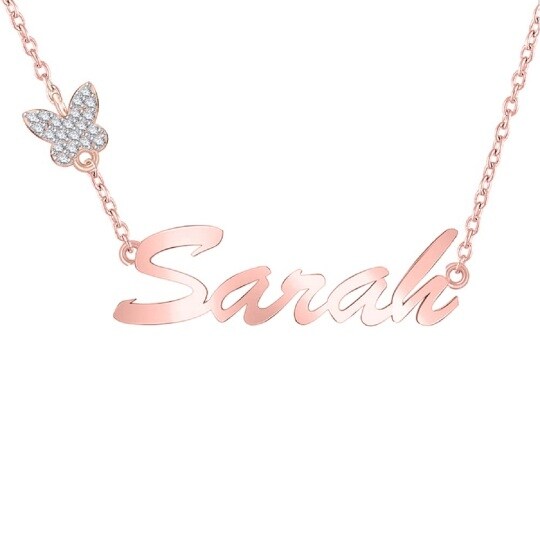 10K Rose Gold Circular Shaped Zircon & Personalized Classic Name Butterfly Pendant Necklace