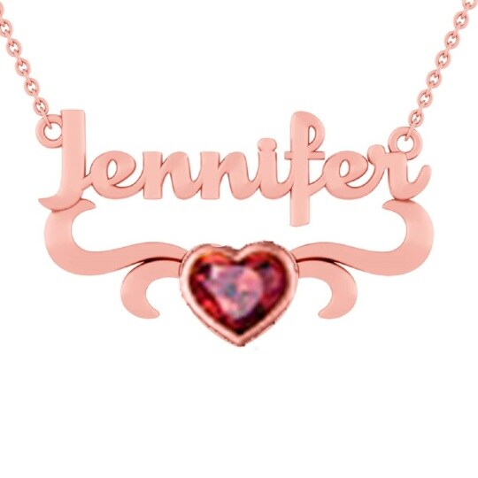 Collana con ciondolo con zircone a forma di cuore in oro rosa 10K con pietra di nascita personalizzata e nome classico personalizzato
