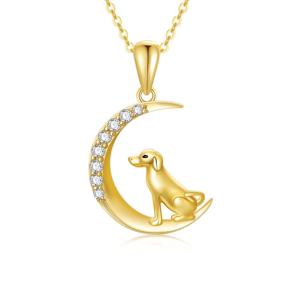 14K Gold Cubic Zirconia Dog & Moon Pendant Necklace-1
